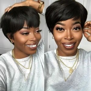 New Pixie Cut Human Hair Wig with Bangs Glueless Natural Black